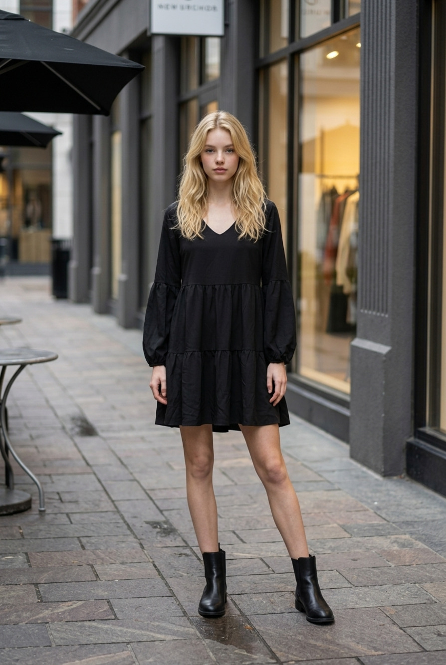 iliad USA Women's Black V-Neck Long Puff Sleeve Tiered Mini Dress
